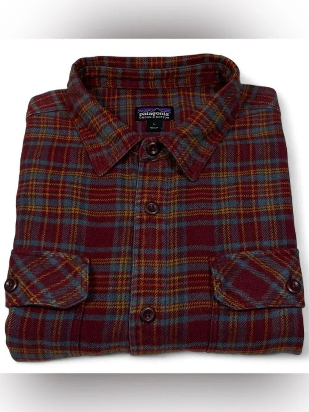 Patagonia Organic Cotton Fjord Flannel Shirt Burgundy Plaid Men's Size Large